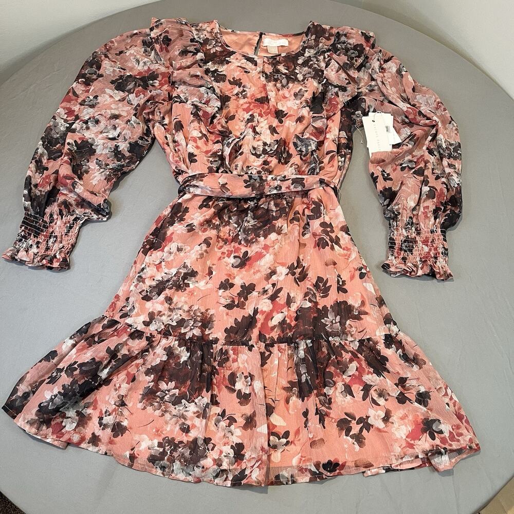 Rachel Parcell NWT Floral Print Ruffle Chiffon Blouson Dress Size 12 Pink Smock